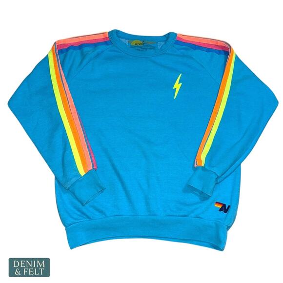 Aviator Nation Neon Blue Lightning Bolt Rainbow Stripe Sweatshirt Medium USA - Picture 1 of 8
